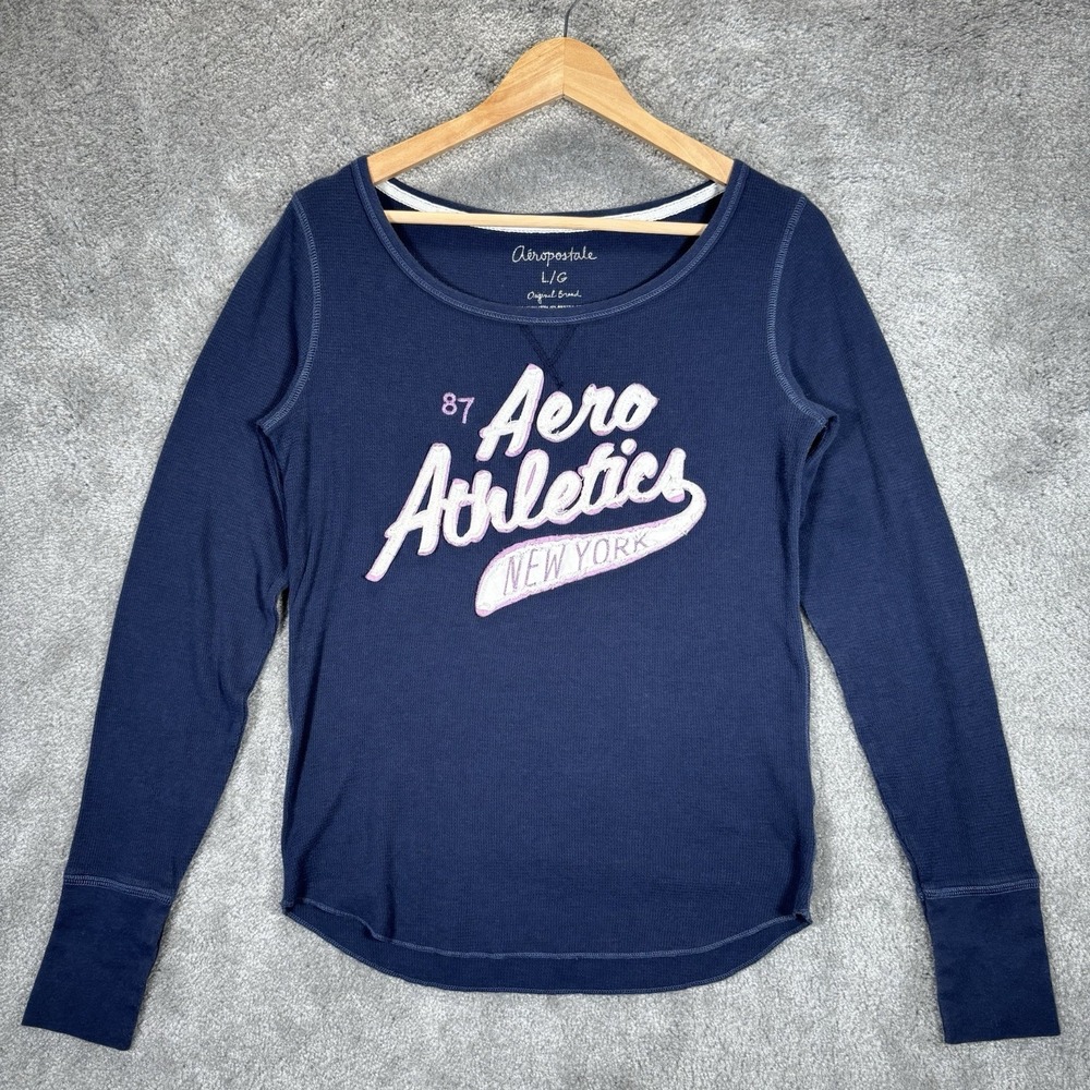 Aeropostale Shirt Womens L‎ Blue Waffle Knit Thermal Embroidered Scoop Neck Y2K